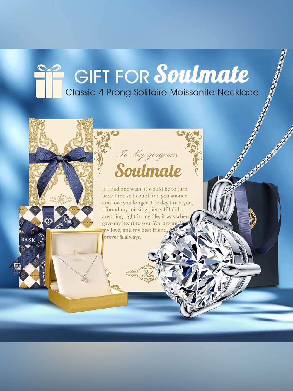 Beam and BaskClassic Solitaire Moissanite Necklace in Silver - Gift for Soulmate